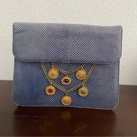 Rare⭐️ Vintage 1980s Judith Leiber Blue Lizard and Gold Charm Handbag (no strap) - Picture 3 of 14